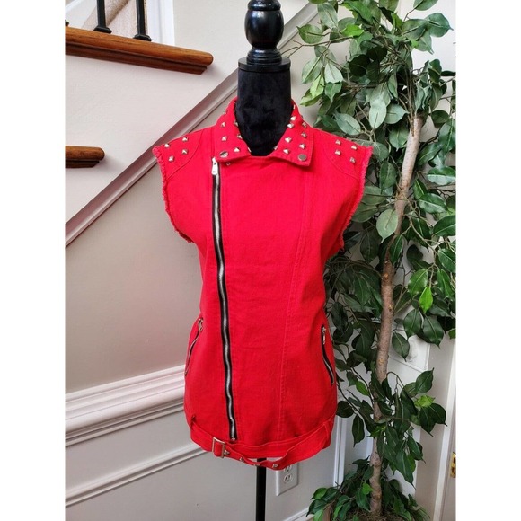 Women's Solid Red Polyester Sleeveless Full Zip Front Casual Jacket Size Small - Picture 1 of 12